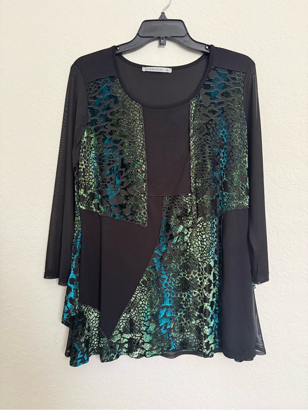 Mesmerize Black Velvet Burnout Snakeskin Patchwork Mesh Tunic Top XL Whimsigoth
